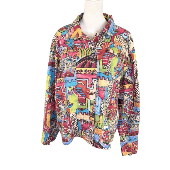 Chico's 3 XL Button Up Linen Blend Jacket Multicolor Abstract Faces Long Sleeve - Picture 1 of 11